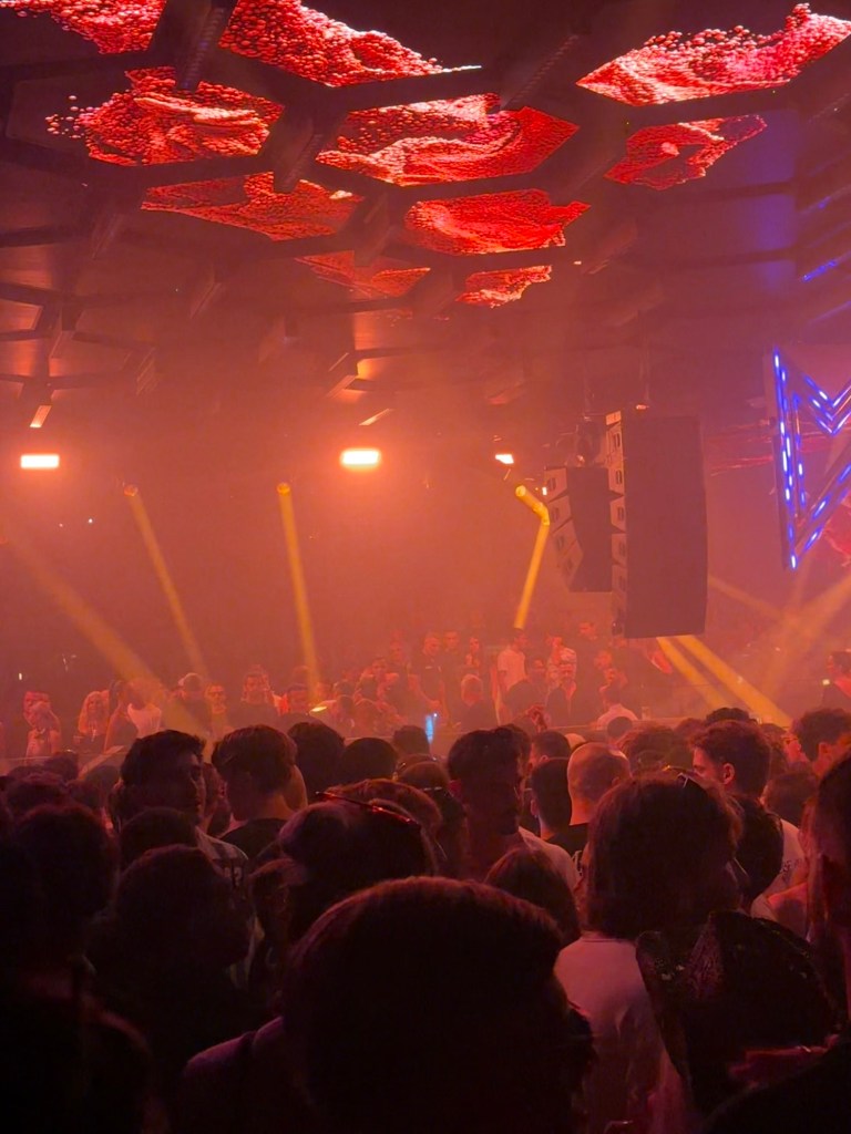 Hexagonal LED ceiling above the dance floor at Pacha Ibiza