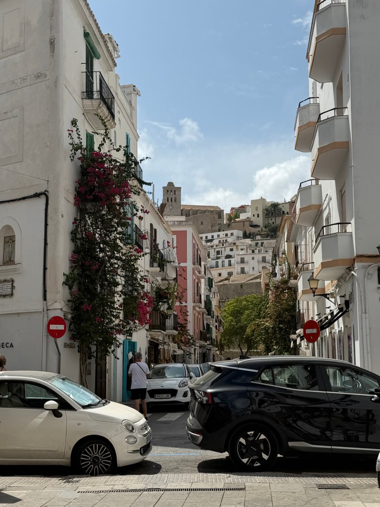 Whitewashed buildings and stone streets in Dalt Vila, Ibiza